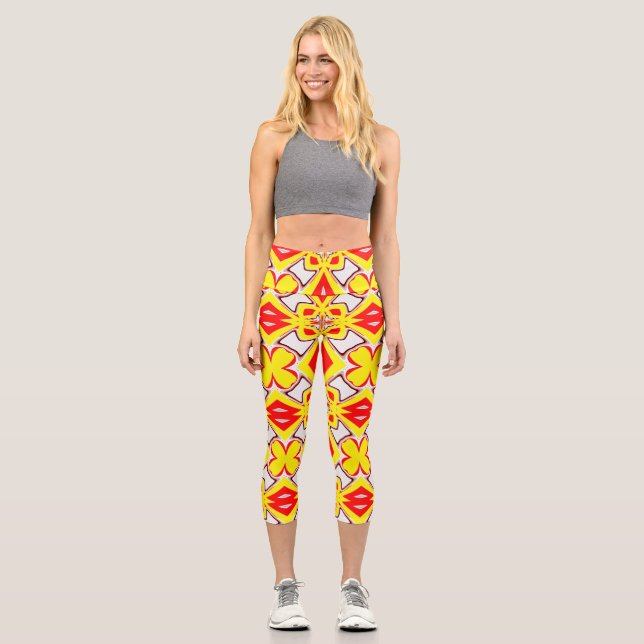 A cute red yellow white trendy fabric pattern  capri leggings (Front)