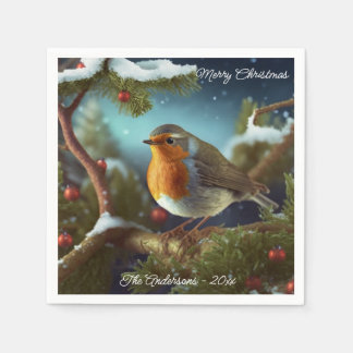 A cute Robin on a Christmas Tree Paper Plates Napkin