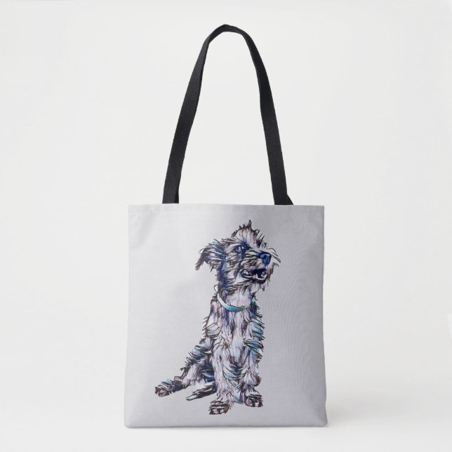 A cute scruffy terrier mixed breed dog with a gree tote bag (Front)