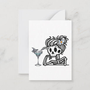 A cute skeleton with a flower and a drink. card