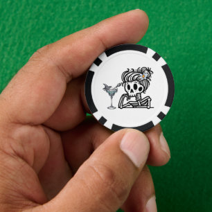A cute skeleton with a flower and a drink. poker chips