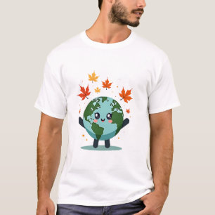 A Cute, Smiling Earth Character Surrounded by Floa T-Shirt