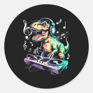 A Cute T-rex Playing Electronic Music Funny Dj Din Classic Round Sticker