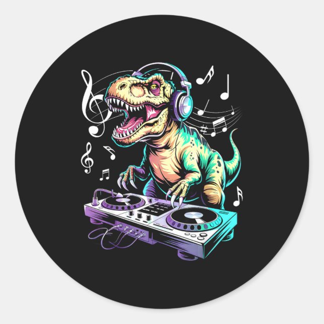 A Cute T-rex Playing Electronic Music Funny Dj Din Classic Round Sticker (Front)