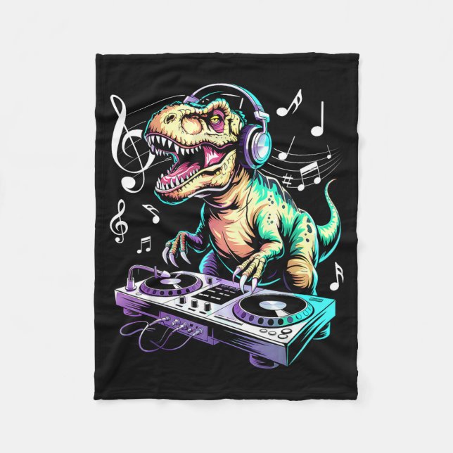 A Cute T-rex Playing Electronic Music Funny Dj Din Fleece Blanket (Front)