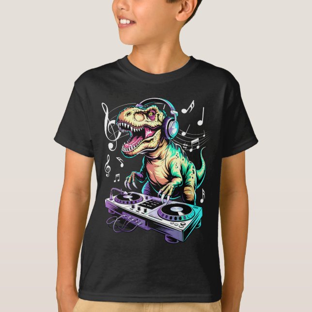 A Cute T-rex Playing Electronic Music Funny Dj Din T-Shirt (Front)