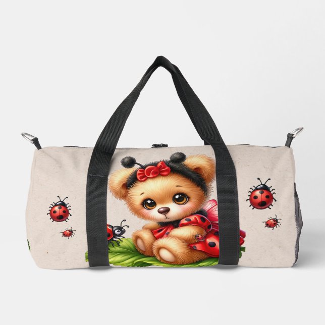 A Cute Teddy Bear Dressed Like a Ladybug Duffle Bag (Front)