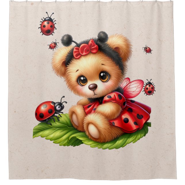 A Cute Teddy Bear Dressed Like a Ladybug Shower Curtain (Front)