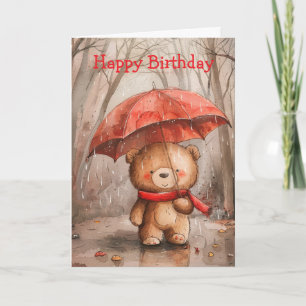 A Cute Teddy Bear in The Rain Birthday Card