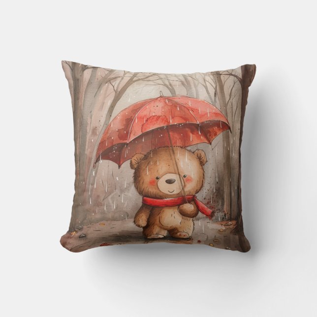 A Cute Teddy Bear in The Rain Cushion (Front)