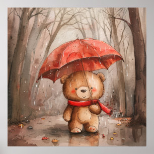 A Cute Teddy Bear in The Rain Poster