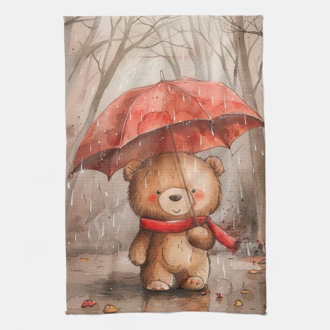A Cute Teddy Bear in The Rain Tea Towel (Vertical)