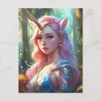 A cute unicorn in the dreamy fores postcard