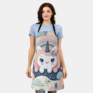 A cute unicorn peeks out from behind a rainbow apron
