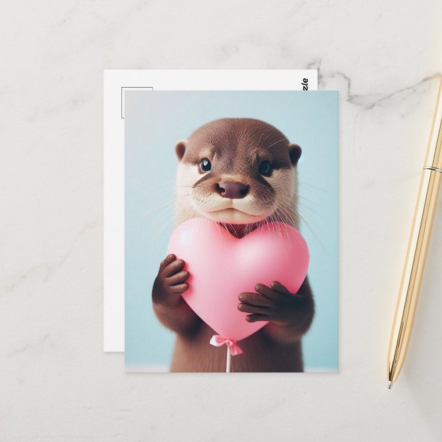 A cute Valentine Otter Pink Heart Balloon Postcard (Front/Back In Situ)