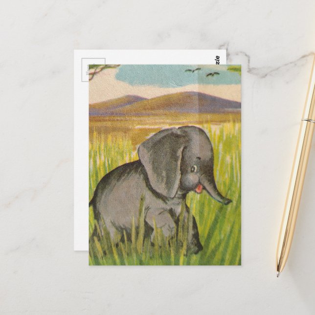 A Cute Vintage Baby Elephant Postcard (Front/Back In Situ)