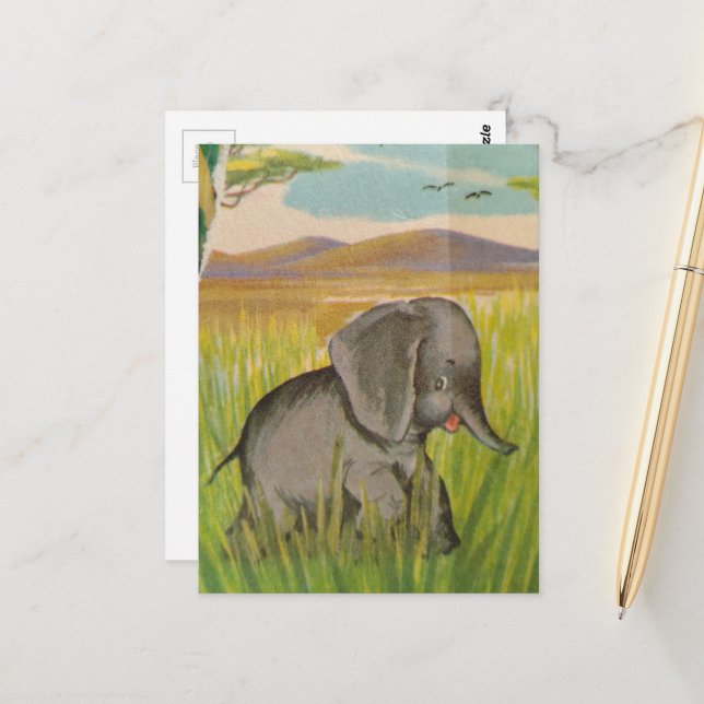 A Cute Vintage Baby Elephant Postcard (Front/Back In Situ)