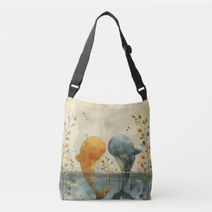 A Cute Watercolor Painting of Two Whales Crossbody Bag