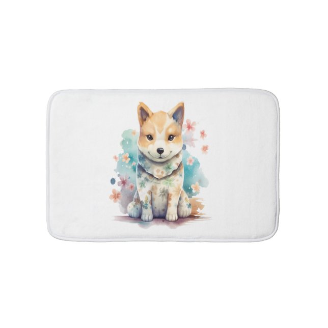 A cute well-behaved dog in a floral   bath mat (Front)