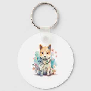 A cute well-behaved dog in a floral key ring