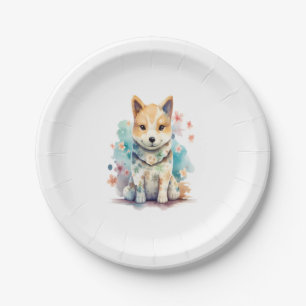 A cute well-behaved dog in a floral paper plate