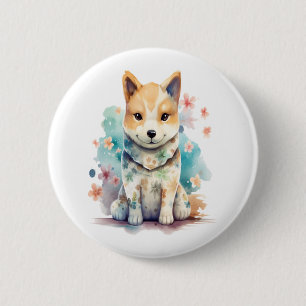 A cute well-behaved dog in a floral shirt 6 cm round badge