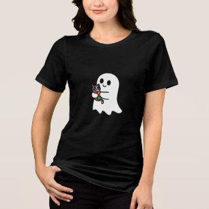 A cute white Ghost holding a cute colour full cat Tri-Blend Shirt