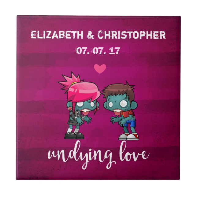 A Cute Zombie Couple Undying Love Wedding Tile (Front)