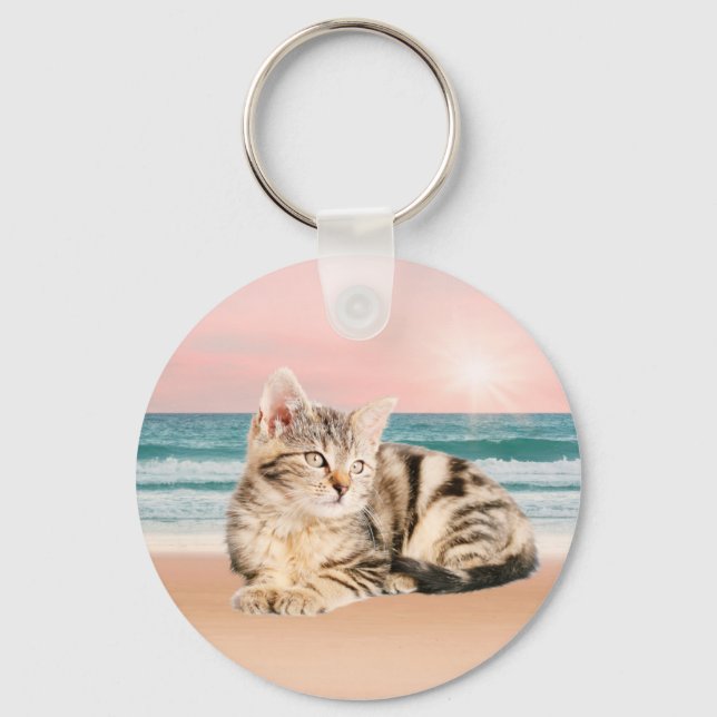 A Cuter Striped Cat Sitting on Beach with sunset Key Ring (Front)