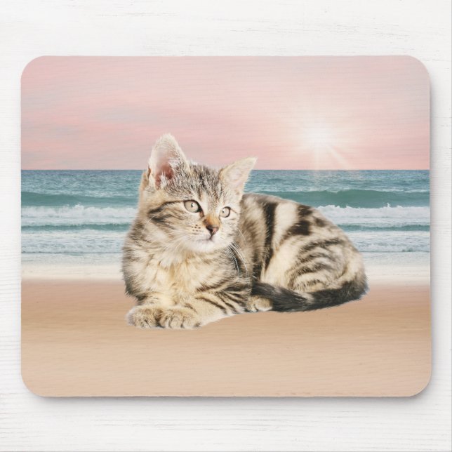 A Cuter Striped Cat Sitting on Beach with sunset Mouse Pad (Front)