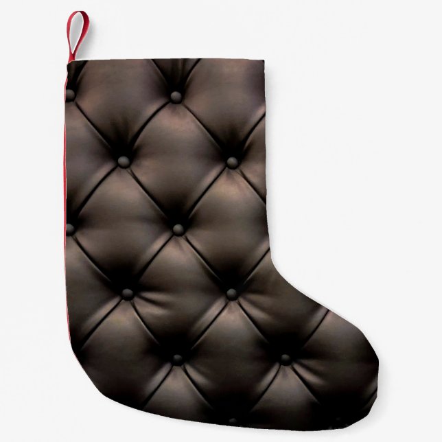A dark leather cushion background, from a car seat small christmas stocking (Front)