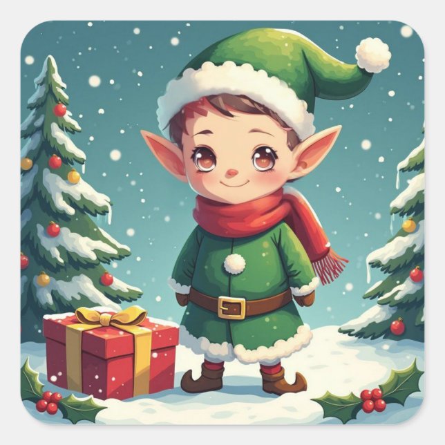 A darling christmas elf square sticker (Front)