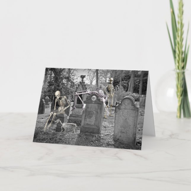 A Day in the Graveyard with Skeletons Halloween Card (Front)