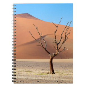 A dead tree on a desert plain with dunes spiral notebook