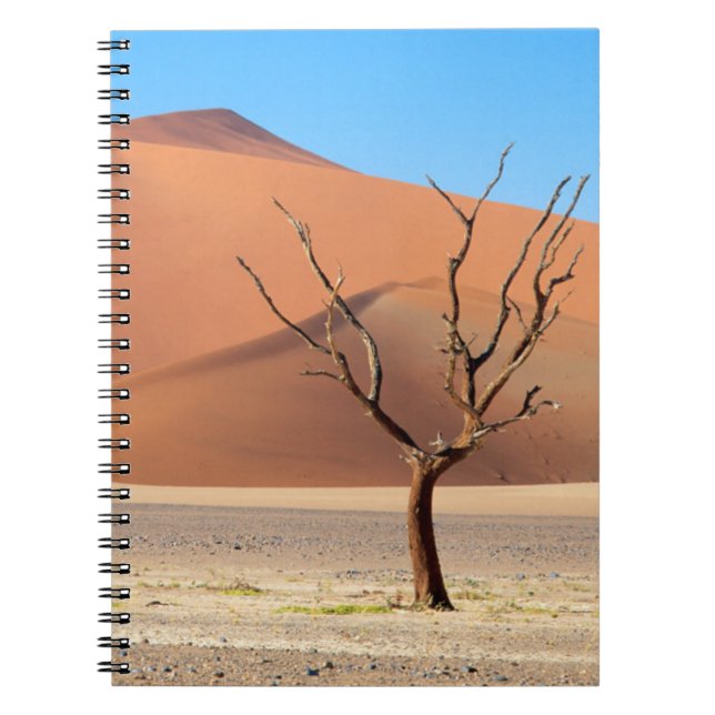 A dead tree on a desert plain with dunes spiral notebook (Front)