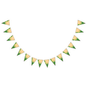 A decorative motif displaying ornate green and ora bunting 