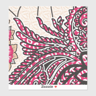 A decorative paisley design with vivid red and pin