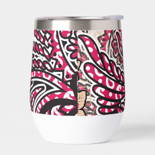 A decorative paisley design with vivid red and pin