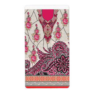 A decorative paisley design with vivid red and pin