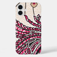 A decorative paisley design with vivid red and pin