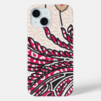 A decorative paisley design with vivid red and pin