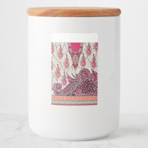 A decorative paisley design with vivid red and pin food label