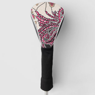 A decorative paisley design with vivid red and pin golf head cover