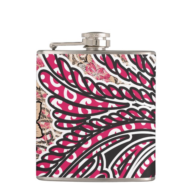A decorative paisley design with vivid red and pin hip flask (Front)