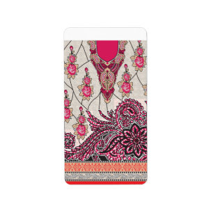 A decorative paisley design with vivid red and pin label