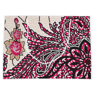 A decorative paisley design with vivid red and pin large gift bag