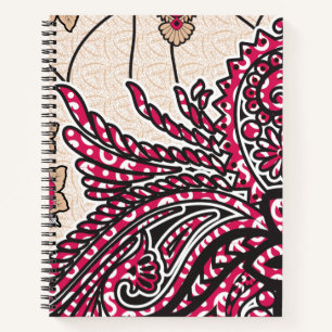 A decorative paisley design with vivid red and pin notebook