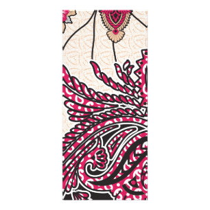 A decorative paisley design with vivid red and pin rack card
