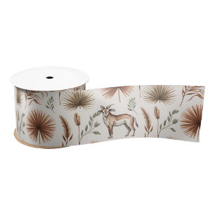 A decorative pattern features deer brown foliage satin ribbon
