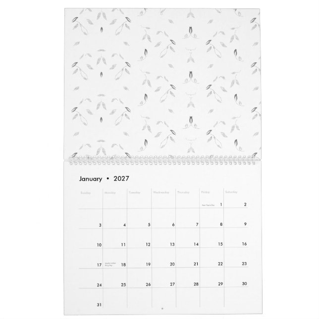 A decorative pattern featuring white and grey leav calendar (Jan 2027)
